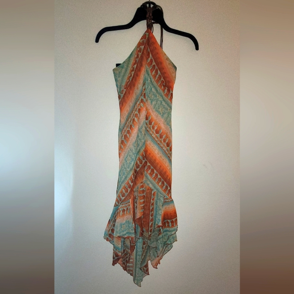 Kitty, Size Small, Turquoise and Rust Embroidered Dress